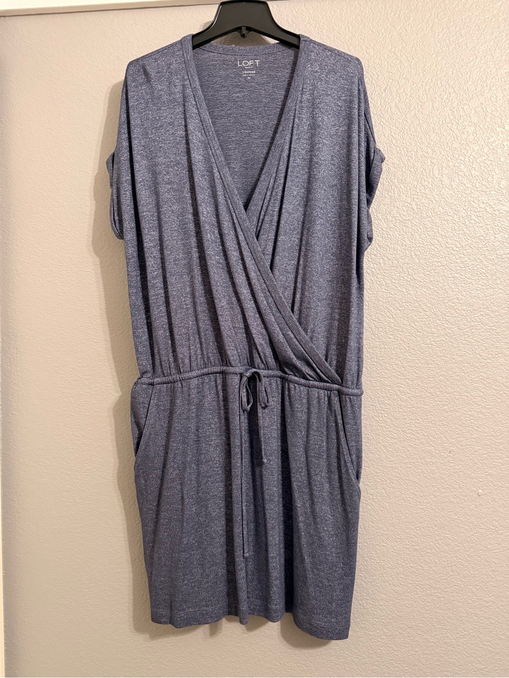 LOFT Heathered Blue Wrap-Front Knit Dress with Drawstring and pockets